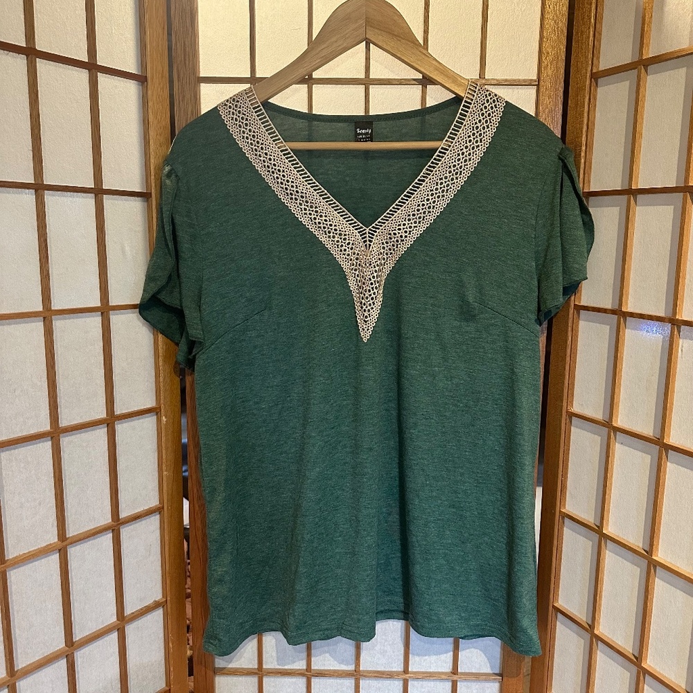 Green V-neck top with embroidered collar